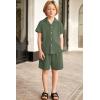 Arshiner Toddler Boys 2 Piece Summer Outfits Waffle Knit Short Sleeve Button Down Shirt & Casual Shorts Sets Size 2-7(Deep Army Green)