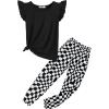 Arshiner 2 Piece Girl Clothes Outfits Spring Summer Ruffle Trim Tank Top Shirts and Pant Set with Pockets(Black Checkered)
