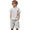 Arshiner Boy’s 2 Pieces Cotton Linen Set Casual Henley Shirts Short Sleeve Beach Shorts Summer Outfits for 5-12 Years(Light Grey)