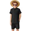 Arshiner Boy’s 2 Pieces Linen Sets Short Sleeve Henley Shirt and Shorts Summer Beach Matching Outfits 5-12 Years(Black)