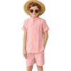 Arshiner Boy’s 2 Pieces Linen Sets Short Sleeve Henley Shirt and Shorts Summer Beach Matching Outfits 5-12 Years(Light Pink)