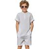 Arshiner Boy’s 2 Pieces Linen Sets Short Sleeve Henley Shirt and Shorts Summer Beach Matching Outfits 5-12 Years(White)