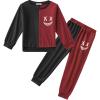 Arshiner Boys Cartoon Face Print Two Tone Crewneck Sweatshirt and Pants Set Tracksuits Outfits Size (2T – 7-8)(Black & Burgundy)