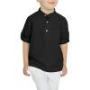 Arshiner Boys Cotton Linen Henley Shirt Button Down Shirt Long Sleeve T Shirt Beach Shirt Tee Casual Solid Tops(Midnight Black)