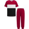 Arshiner Boy’s Pants Set – 2 Piece ColorBlock Short Sleeve T-Shirt and Active Pants – Casual Clothing Outfits 5-12 Years(Wine Red)