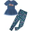 Arshiner Girls 2 Piece Outfits Casual Clothing Sets Short Sleeve Mesh Hem Roundneck Tops and Leggings Pants 2-10 Years(Navy Blue&print)