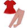 Arshiner Girls 2 Piece Outfits Casual Clothing Sets Short Sleeve Mesh Hem Roundneck Tops and Leggings Pants 2-10 Years(Red&stripe)