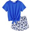 Arshiner Girls 2 Piece Outfits Summer Clothes Short Sleeve Tops and Paperbag Waist Shorts Set Cute Outfits 5-14(Blue Flower)