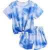 Arshiner Girls 2 Piece Outfits Summer Clothes Short Sleeve Tops and Paperbag Waist Shorts Set Cute Outfits 5-14(Blue Tie Dye)