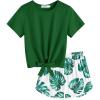 Arshiner Girls 2 Piece Outfits Summer Clothes Short Sleeve Tops and Paperbag Waist Shorts Set Cute Outfits 5-14(Green Leaf Print)