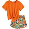 Arshiner Girls 2 Piece Outfits Summer Clothes Short Sleeve Tops and Paperbag Waist Shorts Set Cute Outfits 5-14(Orange Flower)