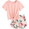Arshiner Girls 2 Piece Outfits Summer Clothes Short Sleeve Tops and Paperbag Waist Shorts Set Cute Outfits 5-14(Pink Flower)