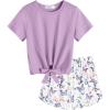 Arshiner Girls 2 Piece Outfits Summer Clothes Short Sleeve Tops and Paperbag Waist Shorts Set Cute Outfits 5-14(Purple Butterfly Print)