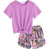 Arshiner Girls 2 Piece Outfits Summer Clothes Short Sleeve Tops and Paperbag Waist Shorts Set Cute Outfits 5-14(Purple Flower)