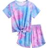 Arshiner Girls 2 Piece Outfits Summer Clothes Short Sleeve Tops and Paperbag Waist Shorts Set Cute Outfits 5-14(Purple&blue)