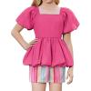 Arshiner Girls 2 Piece Outfits Summer Clothes Square Neck Puffed Sleeve Bubble Hem Tops Shirt and Casual Short Set(Hot Pink-strips)