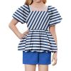 Arshiner Girls 2 Piece Outfits Summer Clothes Square Neck Puffed Sleeve Bubble Hem Tops Shirt and Casual Short Set(Navy-strips)