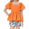 Arshiner Girls 2 Piece Outfits Summer Clothes Square Neck Puffed Sleeve Bubble Hem Tops Shirt and Casual Short Set(Orange-print)