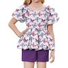 Arshiner Girls 2 Piece Outfits Summer Clothes Square Neck Puffed Sleeve Bubble Hem Tops Shirt and Casual Short Set(Purple-butterfly)