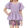 Arshiner Girls 2 Piece Outfits Summer Clothes Square Neck Puffed Sleeve Bubble Hem Tops Shirt and Casual Short Set(Purple-flower)