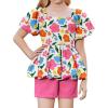 Arshiner Girls 2 Piece Outfits Summer Clothes Square Neck Puffed Sleeve Bubble Hem Tops Shirt and Casual Short Set(Rose Red-flower)
