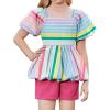 Arshiner Girls 2 Piece Outfits Summer Clothes Square Neck Puffed Sleeve Bubble Hem Tops Shirt and Casual Short Set(Rose Red-stripes)