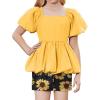 Arshiner Girls 2 Piece Outfits Summer Clothes Square Neck Puffed Sleeve Bubble Hem Tops Shirt and Casual Short Set(Yellow-sunflower)
