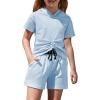 Arshiner Girls 2 Piece Outfits Summer Clothing Sets Short Sleeve Drawstring Hoodie T-Shirt and Letter Print Waist Short(Blue)