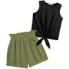 Arshiner Girl’s 2 Piece Outfits Summer Tie Knot Tank Top and Paperbag Waist Pocketed Short Sets(Army Green)