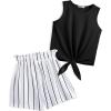 Arshiner Girl’s 2 Piece Outfits Summer Tie Knot Tank Top and Paperbag Waist Pocketed Short Sets(Black and White Striped)