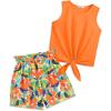 Arshiner Girl’s 2 Piece Outfits Summer Tie Knot Tank Top and Paperbag Waist Pocketed Short Sets(Orange)