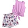 Arshiner Girl’s 2 Piece Outfits Summer Tie Knot Tank Top and Paperbag Waist Pocketed Short Sets(Purple Butterfly)