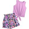 Arshiner Girl’s 2 Piece Outfits Summer Tie Knot Tank Top and Paperbag Waist Pocketed Short Sets(Purple Flower)
