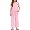 Arshiner Girls Clothing Set Casual Clothes Sleeveless Back Tank Crop Top and Wide-Leg Pants with Pocket 2 Piece Outfits 5-13Y(Pink)