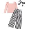 Arshiner Girls Clothing Sets Square Neck Rib Knit Shirts + Stylish Wide Leg Pants + Headband Cute 3pcs Fall Clothes Outfits(Pink + Striped)
