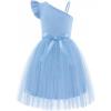 Arshiner Girls Dresses Summer One Shoulder Ruffle Sleeveless Formal Fancy Party Birthday Tulle Dress with Belted(Blue)