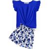 Arshiner Girls Shorts Sets 2 Pieces Outfits Twist Front Ruffle Sleeve T-Shirts and Shorts With Pockets Cute Clothes Sets(Blue)