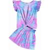 Arshiner Girls Shorts Sets 2 Pieces Outfits Twist Front Ruffle Sleeve T-Shirts and Shorts With Pockets Cute Clothes Sets(Blue Tie Dye)