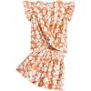 Arshiner Girls Shorts Sets 2 Pieces Outfits Twist Front Ruffle Sleeve T-Shirts and Shorts With Pockets Cute Clothes Sets(Orange Floral Print)