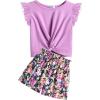 Arshiner Girls Shorts Sets 2 Pieces Outfits Twist Front Ruffle Sleeve T-Shirts and Shorts With Pockets Cute Clothes Sets(Purple)