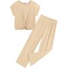 Arshiner Girls Summer 2 Piece Outfits Ribbed Short Sleeve Twist Front Tops and Wide Leg Pants Kids Loungwear Set Tracksuit(Khaki)