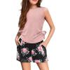 Arshiner Girls Summer Clothing Sets 2 Piece Outfits Knit Ruched Knot Side Tank Top and High Waist Shorts with Pockets(Deep Pink Flower)
