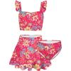 Arshiner Girls Swimsuit 3 Piece Bathing Suits Cute Bikini Tankini Sets Teen Ruffle Swimwear with Cover Up Skirt(Flowers-red)