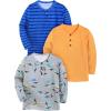 Arshiner Toddler Boys 3 Pack Long-Sleeve Henley T-Shirts Casual Cotton Graphic Shirt for 2-9 Years(Orange/Blue Stripe/Grey Print)