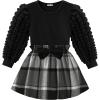 Arshiner Toddler Girl Skirt Set 2Pcs Outfits Puff Sleeve Knit Tops and Flared Mini Skirts with Bowknot Kids Cute Clothes 1-6(Black&white Plaid)