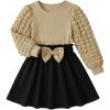 Arshiner Toddler Girl Skirt Set 2Pcs Outfits Puff Sleeve Knit Tops and Flared Mini Skirts with Bowknot Kids Cute Clothes 1-6(Brown&black)