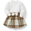 Arshiner Toddler Girl Skirt Set 2Pcs Outfits Puff Sleeve Knit Tops and Flared Mini Skirts with Bowknot Kids Cute Clothes 1-6(White&brown)