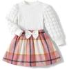 Arshiner Toddler Girl Skirt Set 2Pcs Outfits Puff Sleeve Knit Tops and Flared Mini Skirts with Bowknot Kids Cute Clothes 1-6(White&pink Plaid)