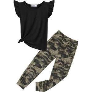 Arshiner 2 Piece Girl Clothes Outfits Spring Summer Ruffle Trim Tank Top Shirts and Pant Set with Pockets(Black-camouflage)