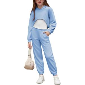 Arshiner 3 Piece Girls Jogger Set Sweatsuits Crop Sweatshirt Hoodie Adjustable Cami Top and Sweatpants(Blue)